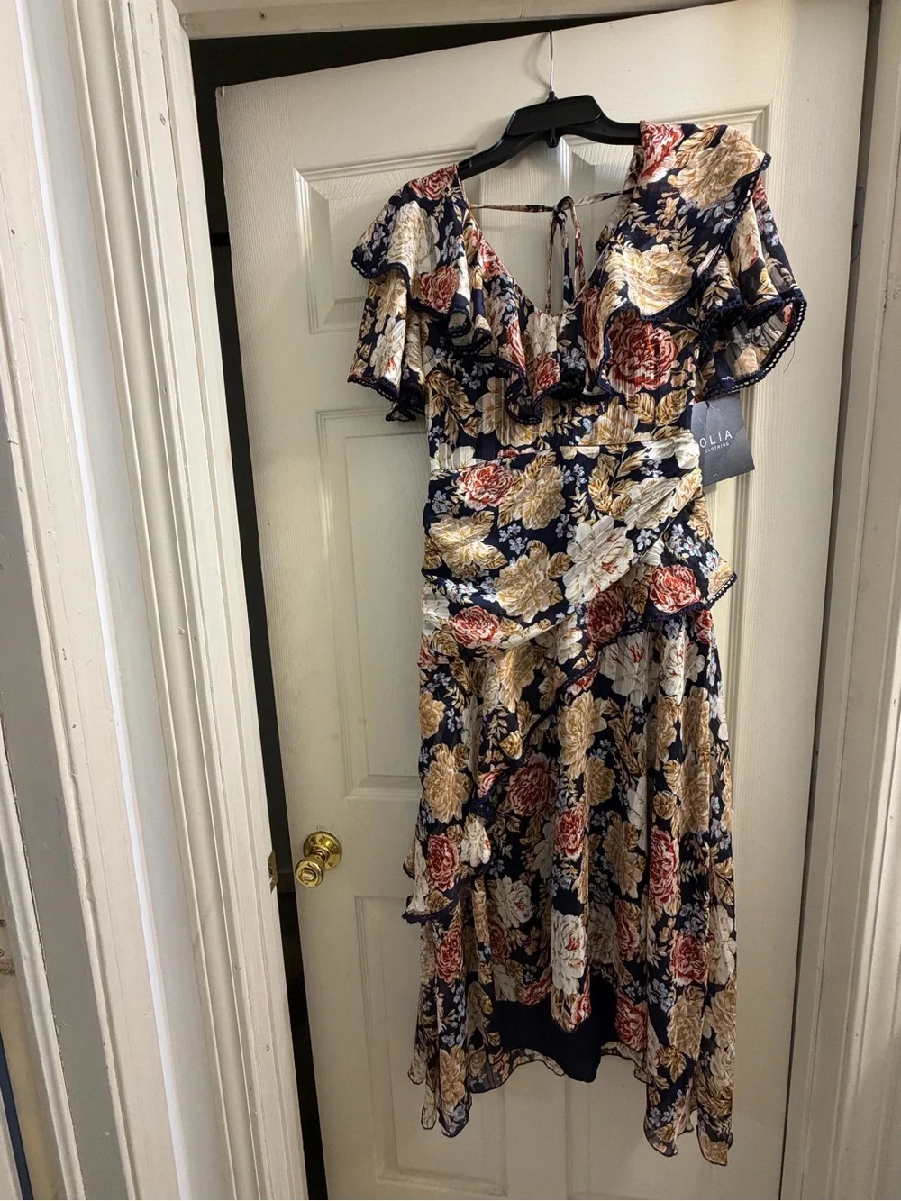 Floral Ruffle Midi Dress - Navy with Cream & Rose Accents
